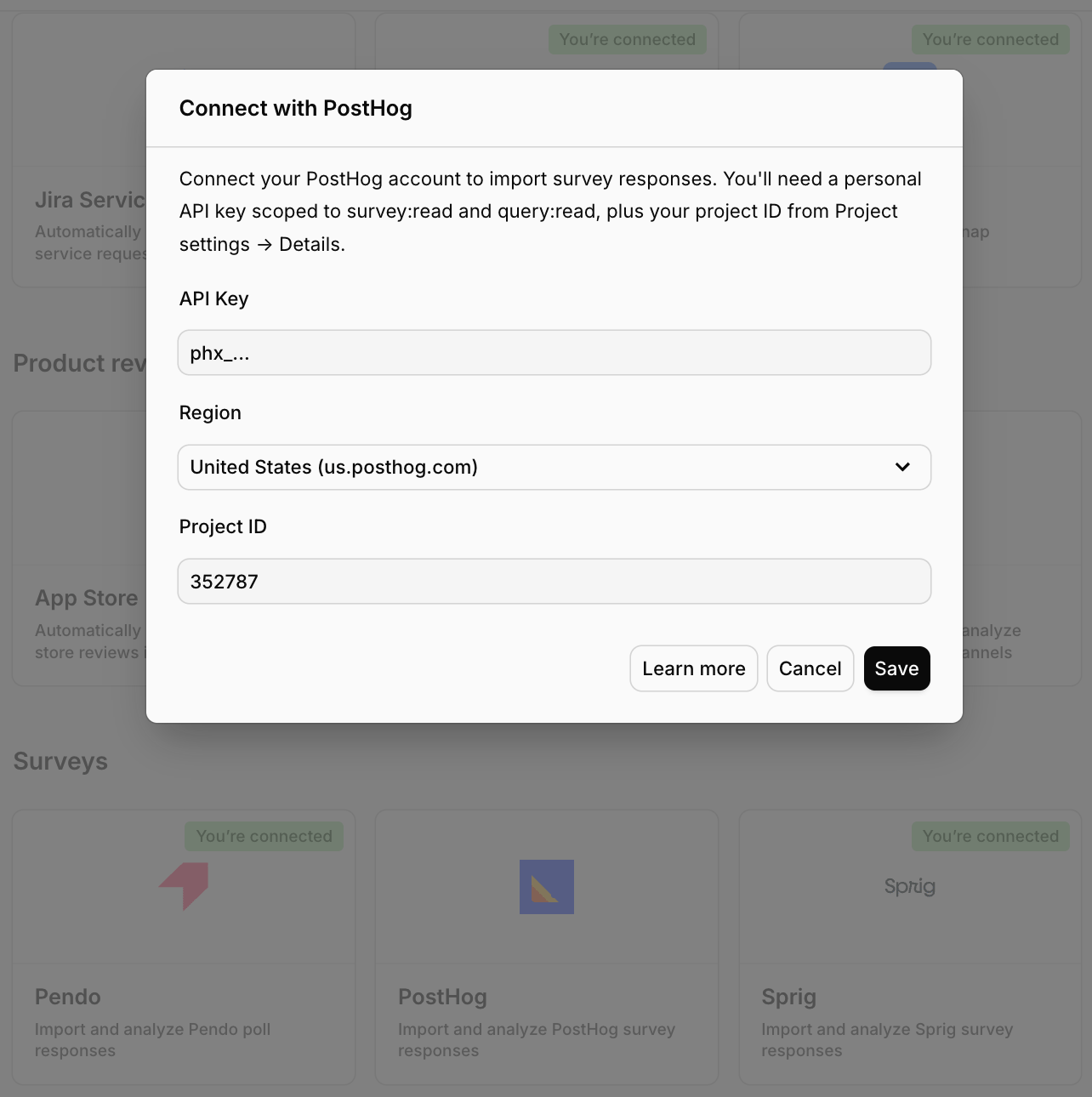 The Connect data source modal with PostHog selected