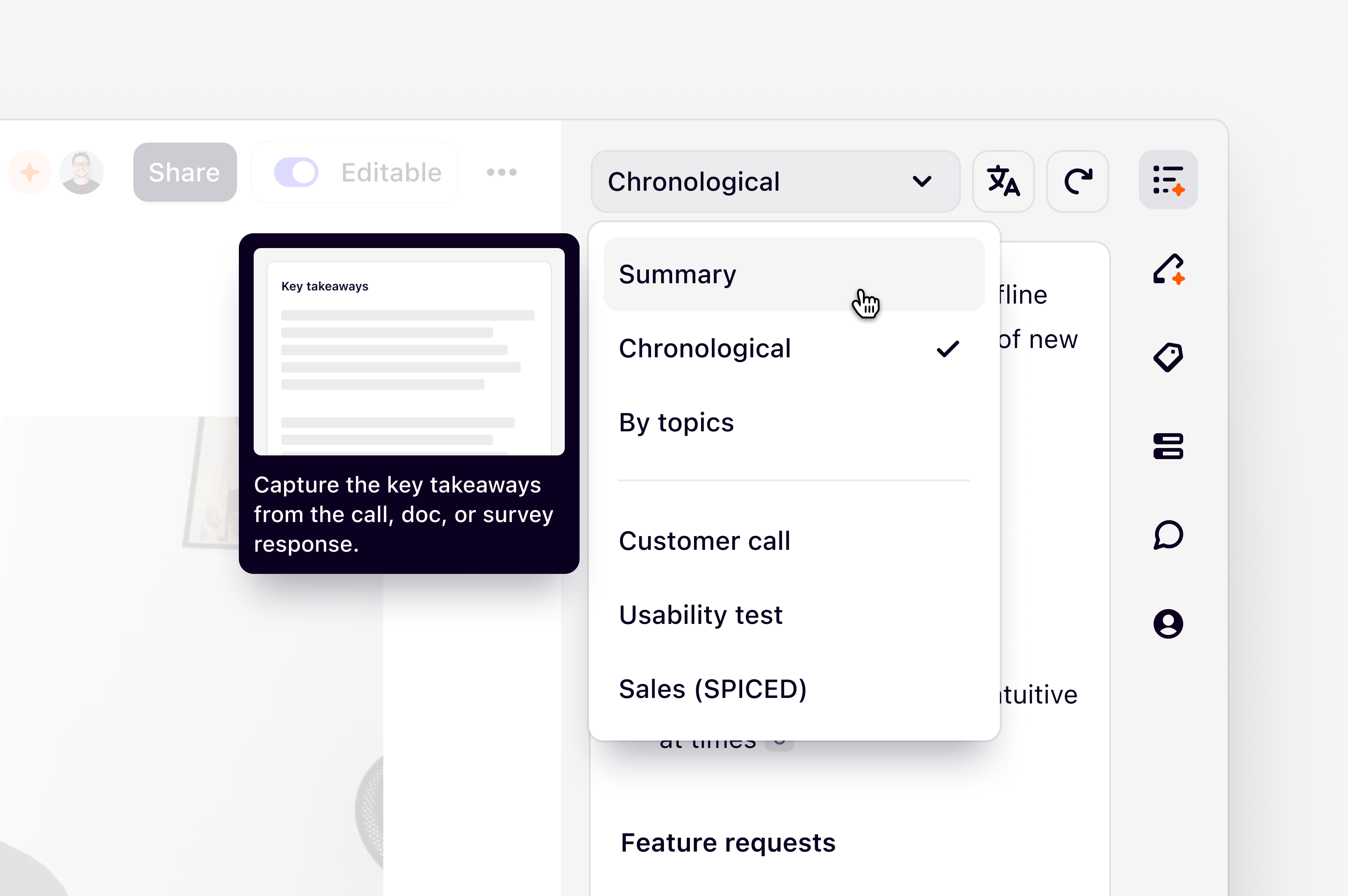 An AI summary of a customer call shown beside its transcript