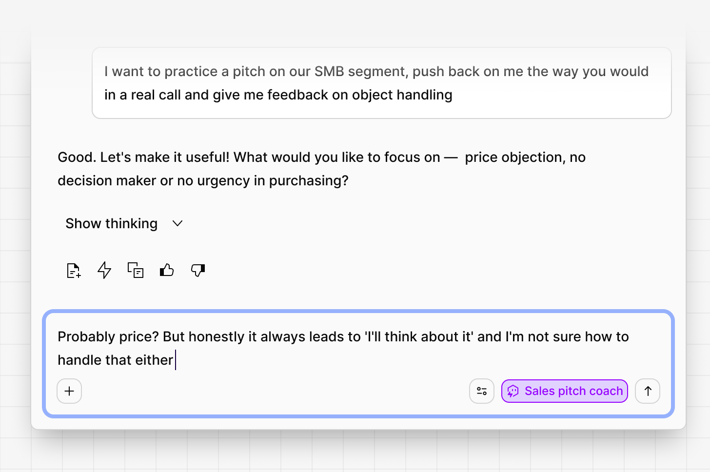 A sales pitch coach twin pushing back with a real price objection during a rehearsed SMB pitch