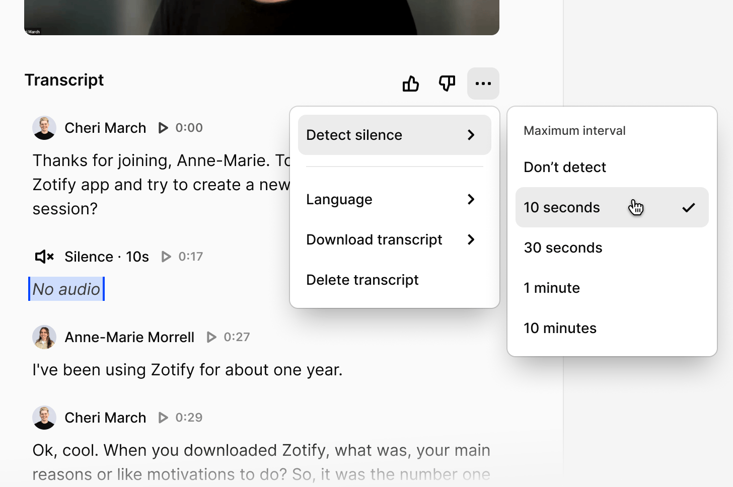 Turning on Detect silence in the transcript options menu
