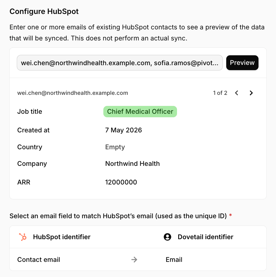 The Preview tab showing mapped HubSpot values for real contacts