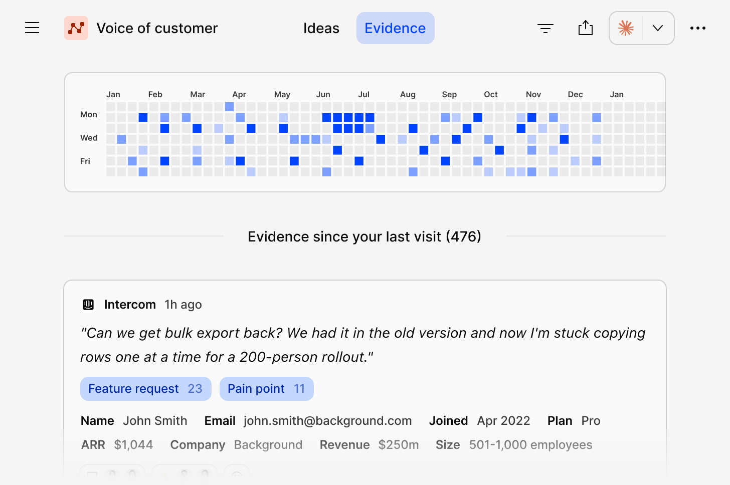 The Evidence view listing raw tickets, reviews, and conversations