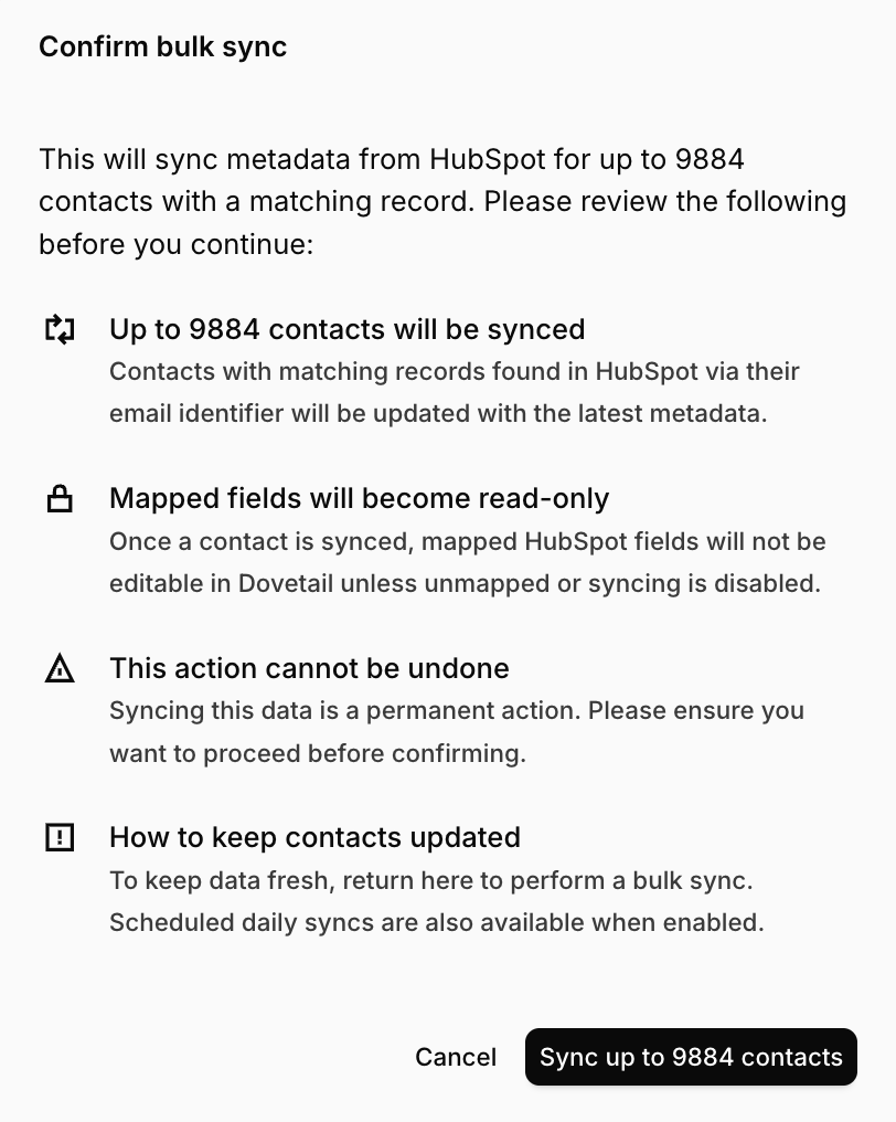 Bulk sync confirmation showing how many contacts match a HubSpot record
