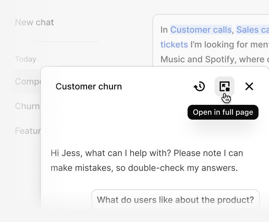 Full-page Chat with past conversations listed in the sidebar