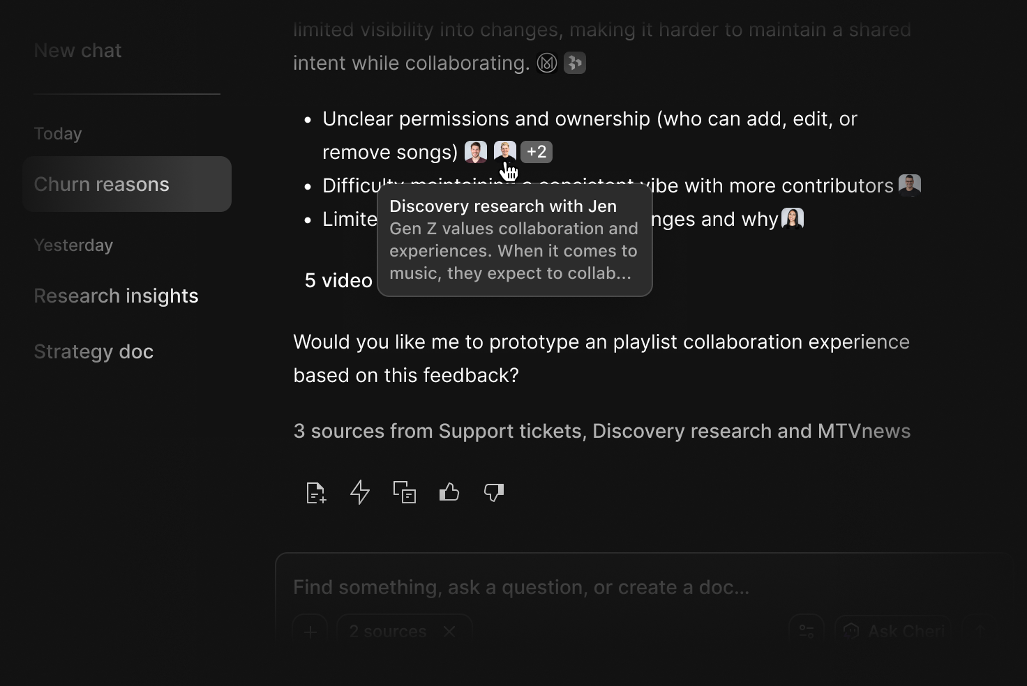 A citation tooltip in OCSEE Chat showing the source behind a cited insight.