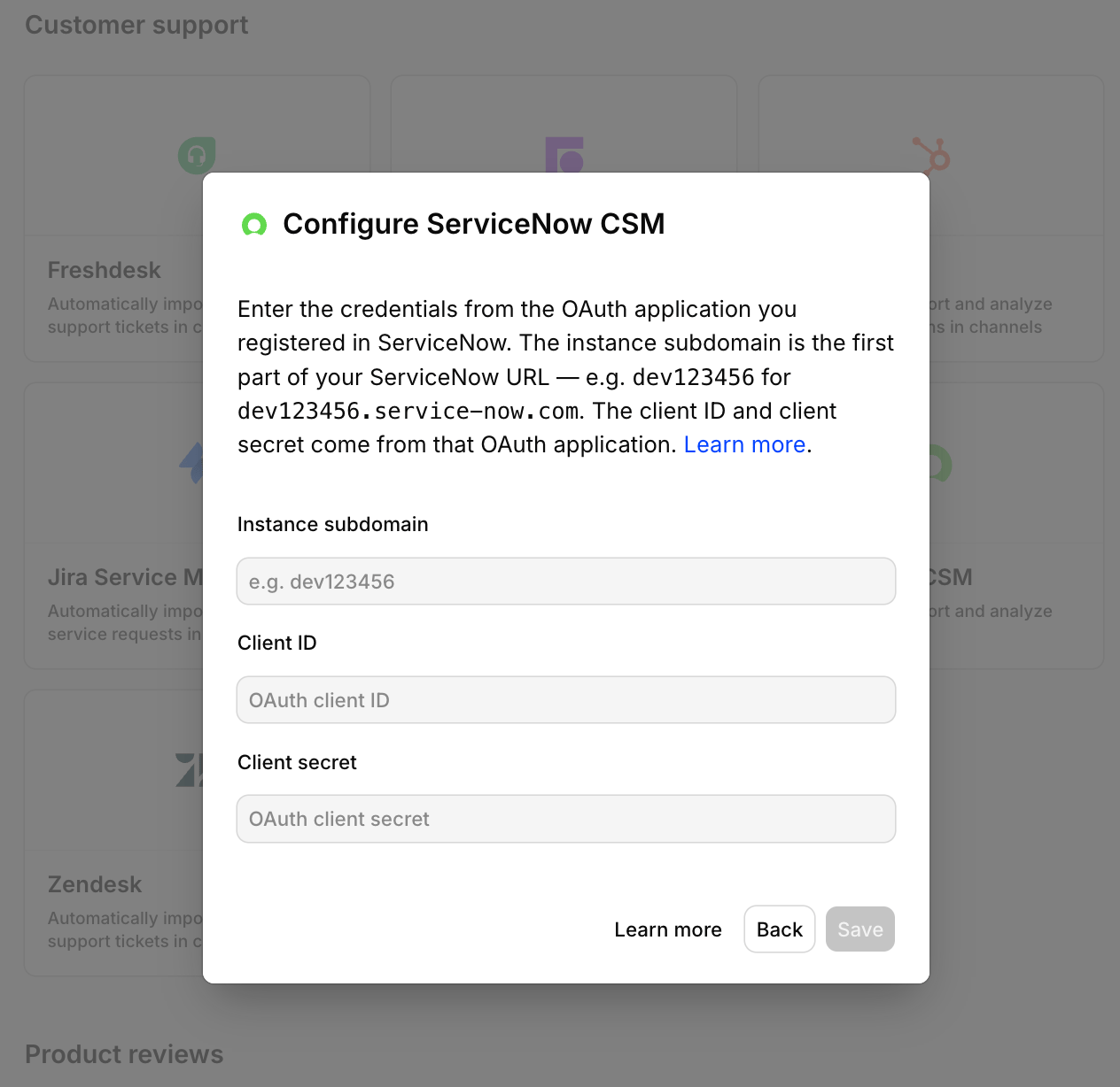 The Connect data source modal with ServiceNow CSM selected