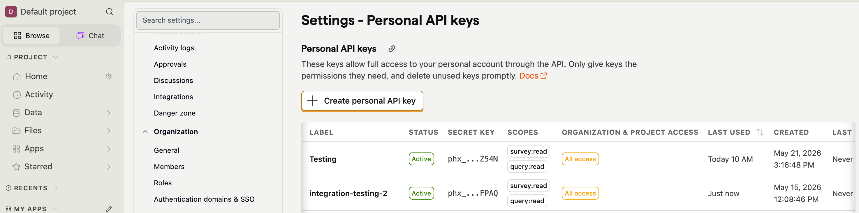 Creating a personal API key in PostHog settings