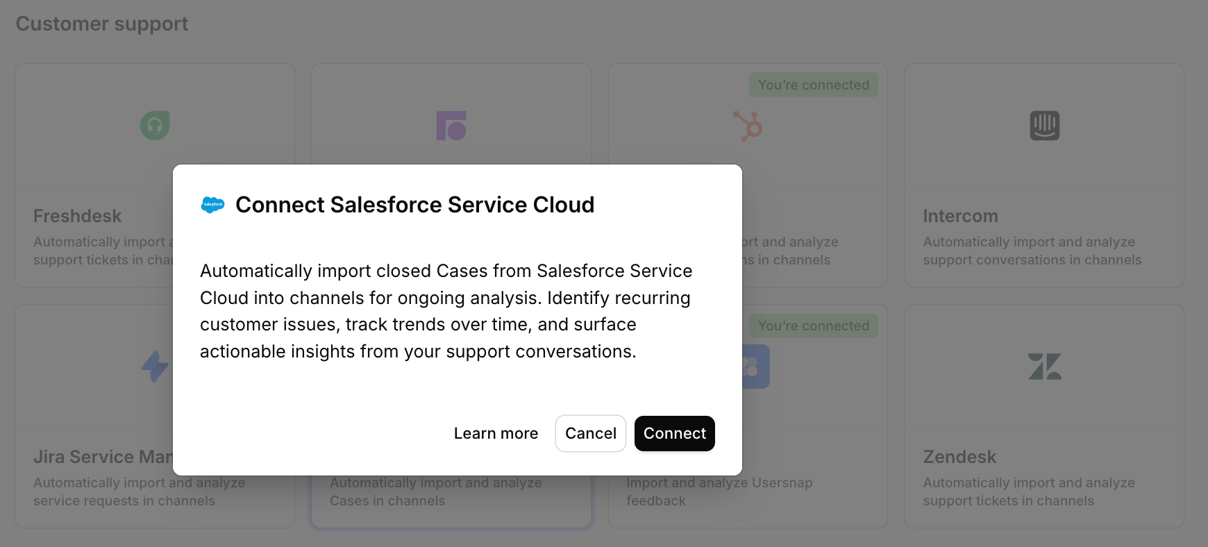 The Connect data source modal with Salesforce Service Cloud selected