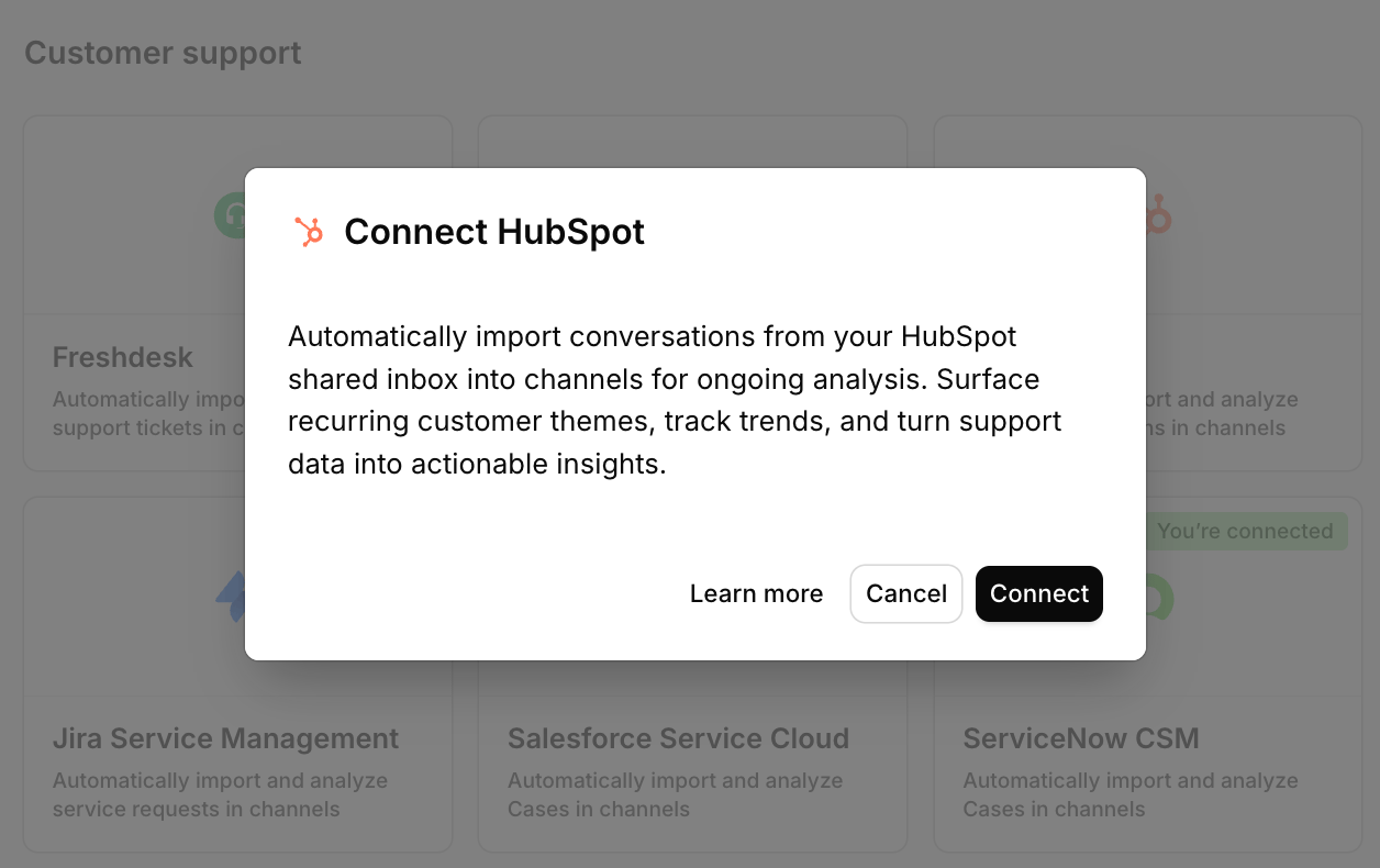 The Connect data source modal with HubSpot selected