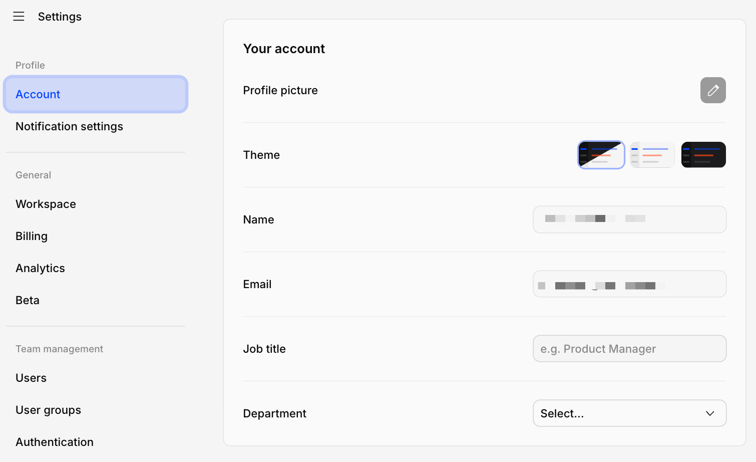 The account settings page with profile details and theme options