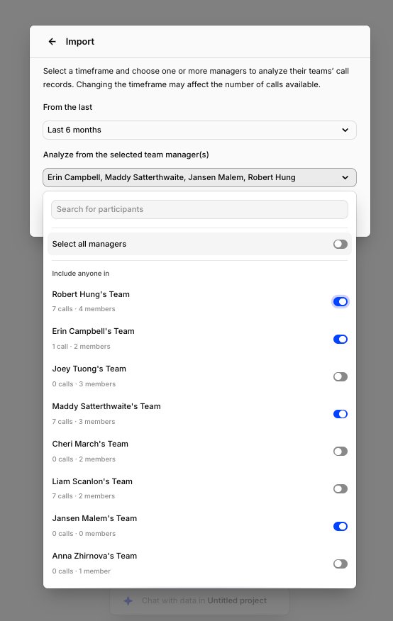 Choosing Gong team managers and a backfill window for a project import