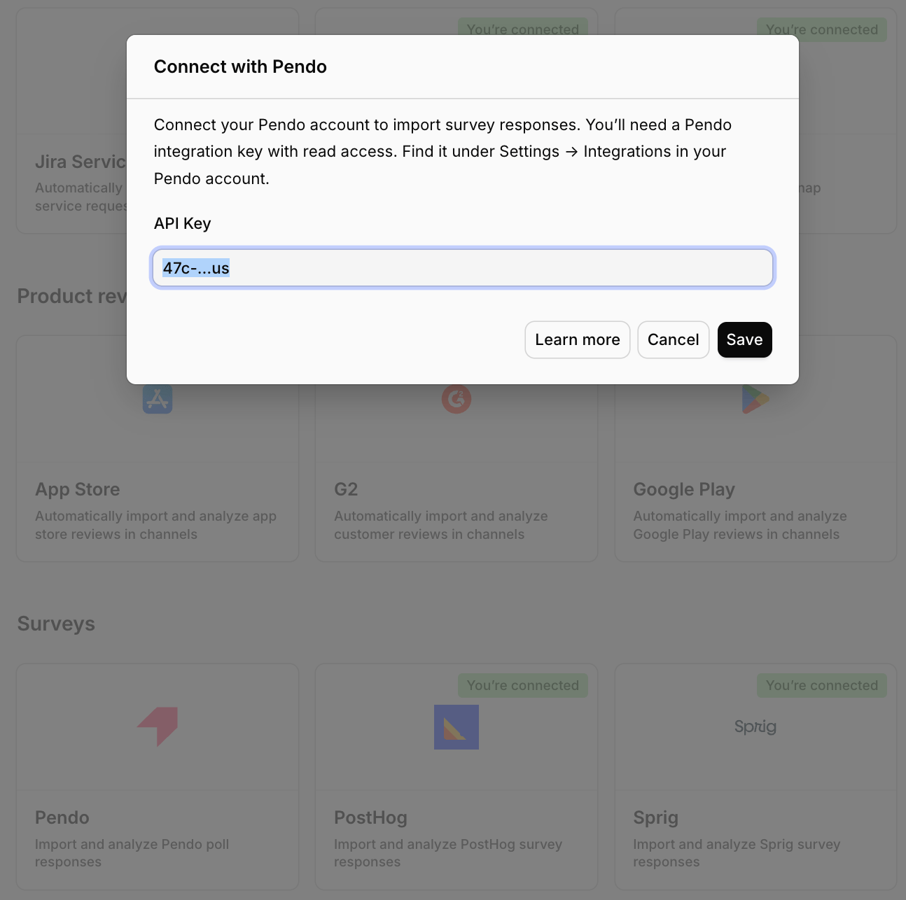 The Connect data source modal with Pendo selected