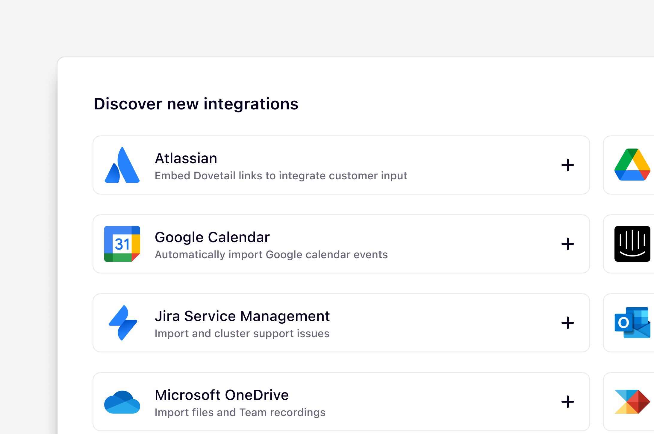 The integrations settings page listing apps you can connect