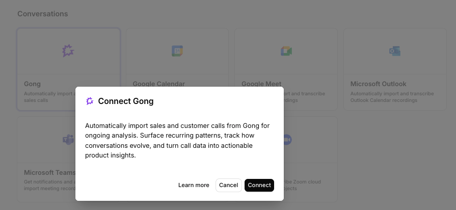 The Connect data source modal with Gong selected