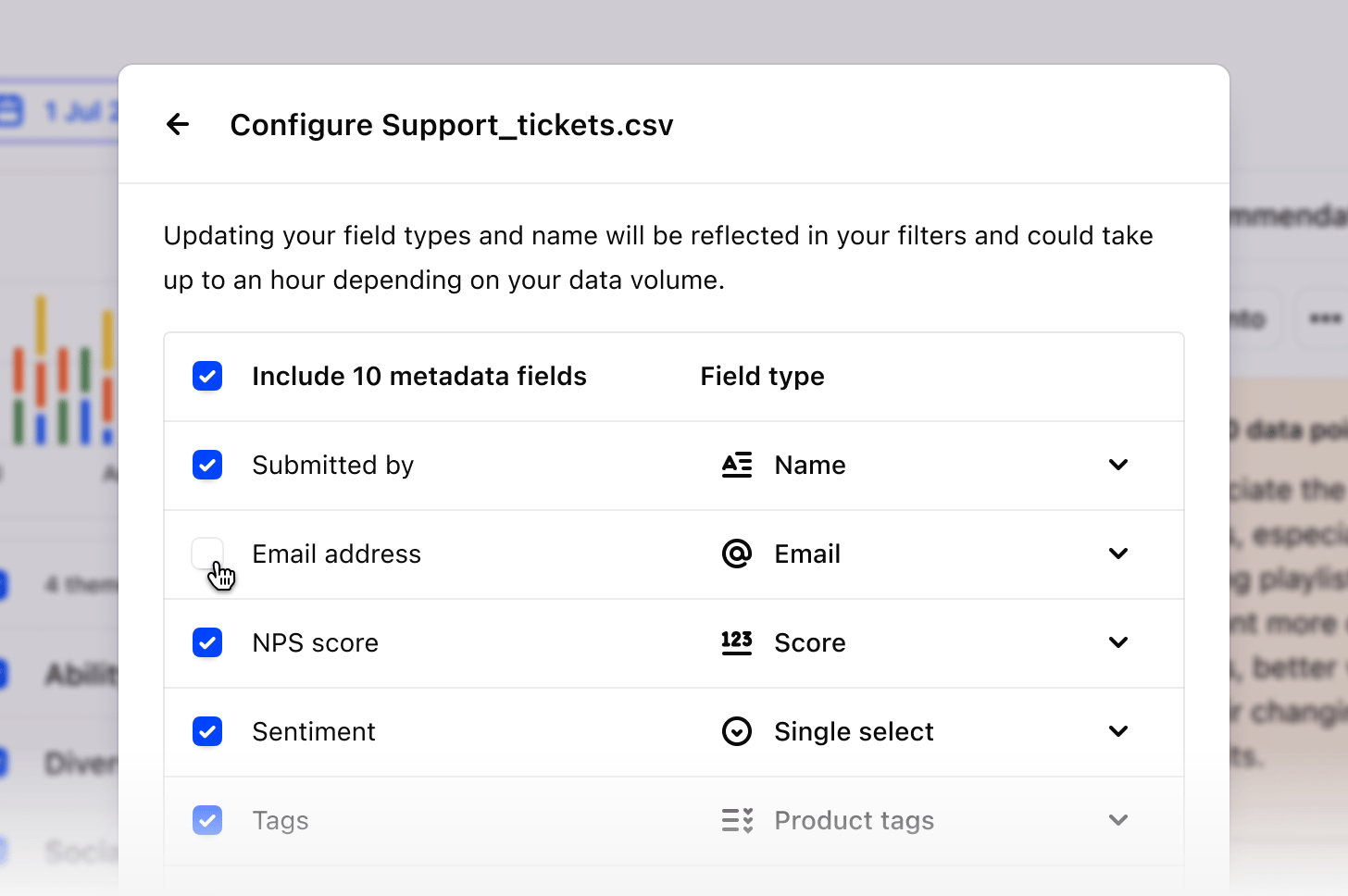 Configuring which fields are imported into a channel