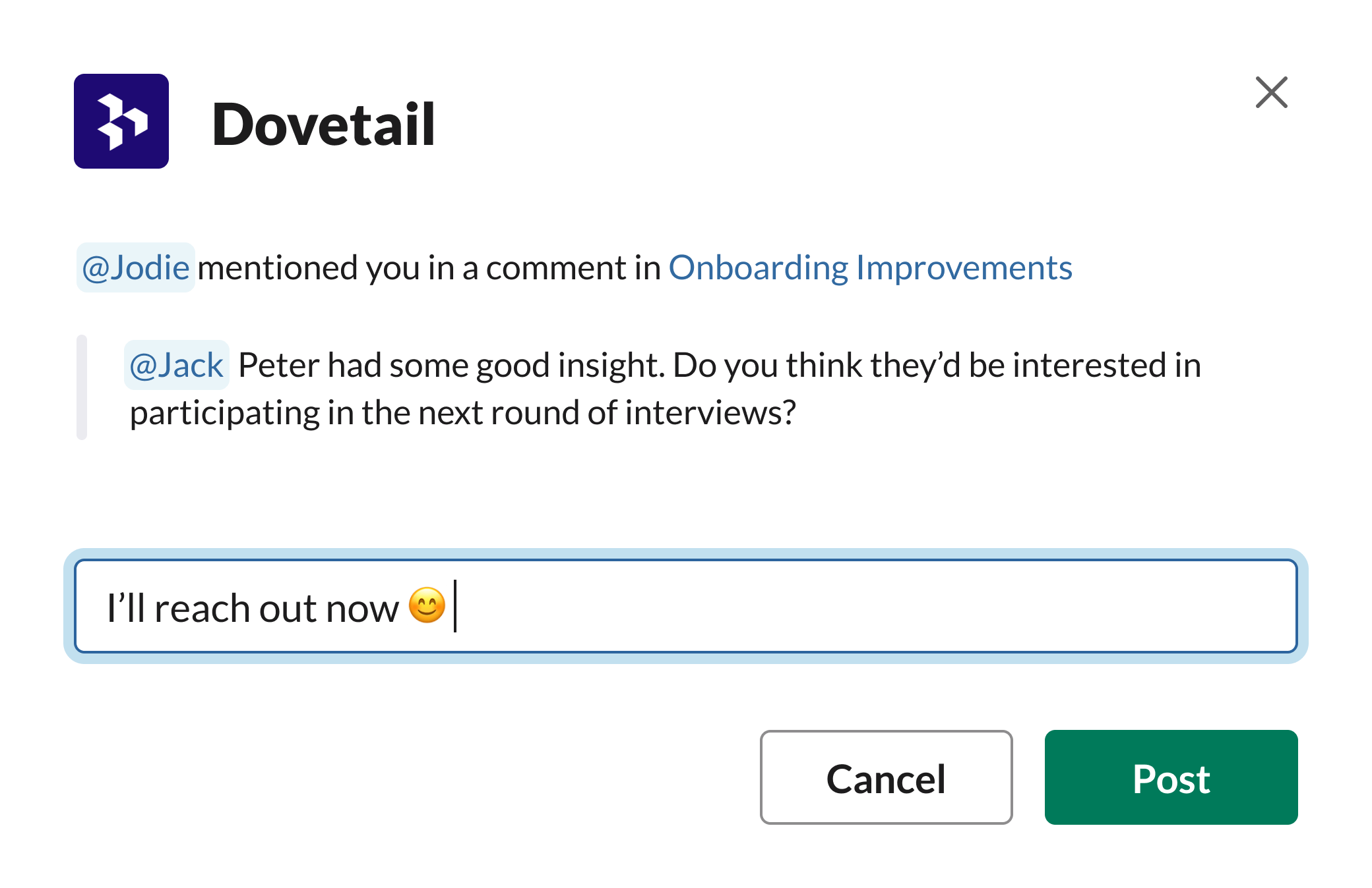 A OCSEE comment in Slack with Like and Reply buttons