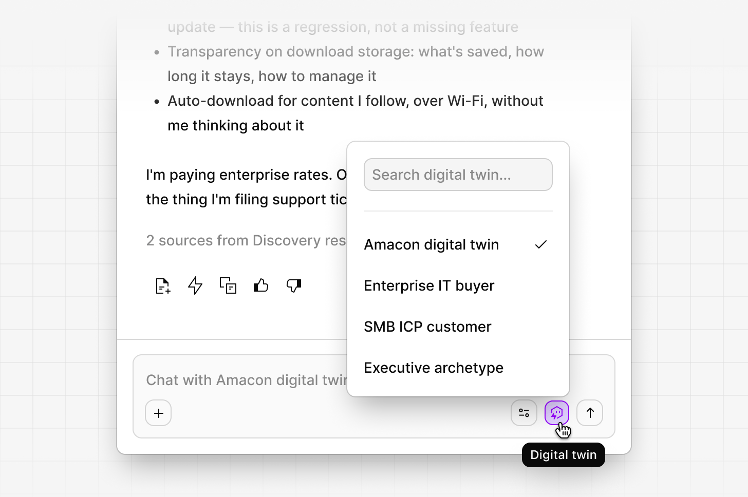Asking a Digital Twin a question after entering its persona in chat