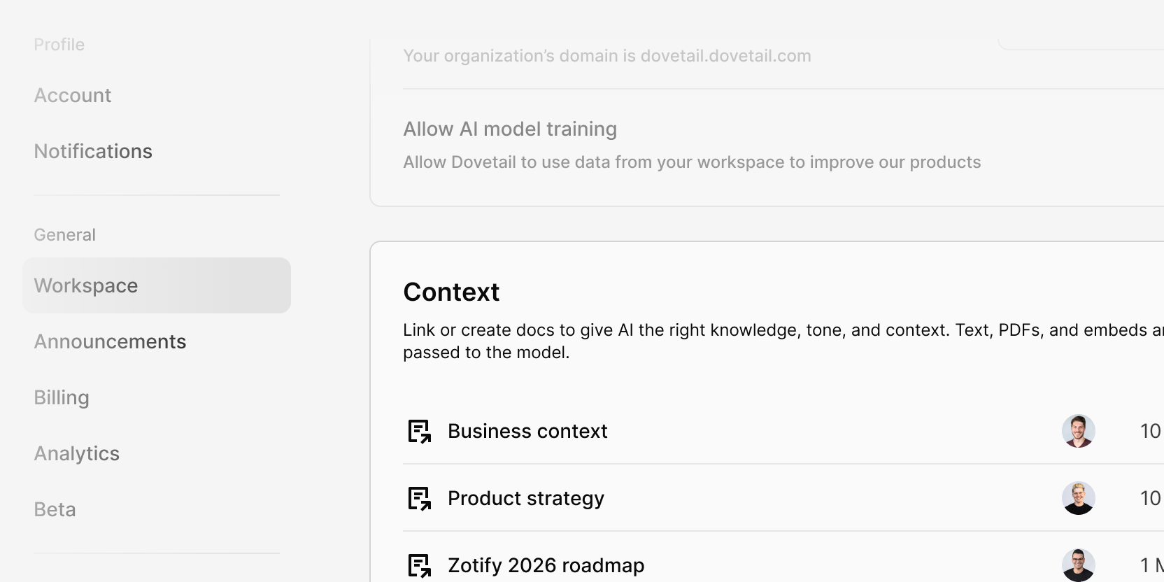 Workspace Docs can now be used for AI context